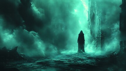 Obraz premium A hooded figure stands in a desolate, teal-toned landscape.