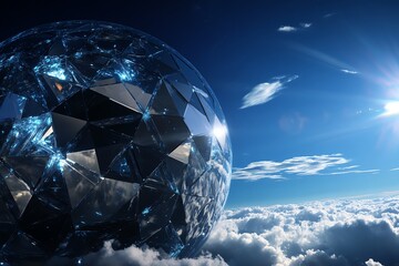 Fototapeta premium Crystalline planet made of reflective panels and bladelike crystal turbines
