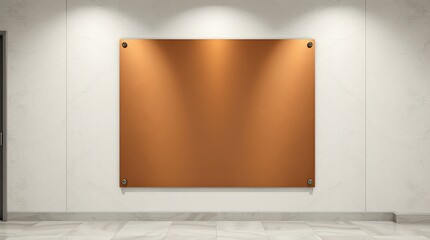 A copper colored sign attached to the white textured wall