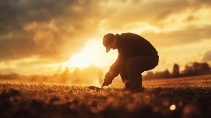 A man works in a field at sunset, diligently preparing the land.