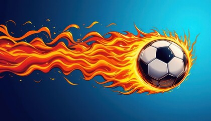 Naklejka premium Cartoon Burning Soccer Ball Bold Colors and Dynamic Lines Against a Smooth Blue Gradient
