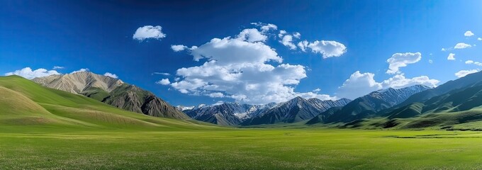 Panoramic Hillside Meadow Scene with Dramatic Mountain Backdrop for Eco-Tourism Advertising Materials