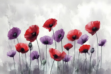 Obraz premium Abstract painting of red poppies, purple flowers, gray background, watercolor, soft brush strokes, neutral colors, minimalist , simple design, flat art, vector illustration, vintage