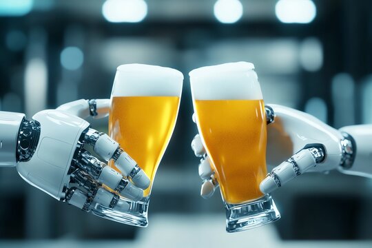 3Drendered robot arms clinking beer glasses in futuristic brewery setting