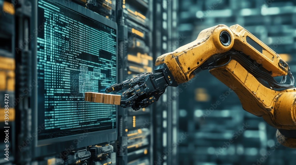 Poster robotic arm interacting with server data on a screen in a data center.