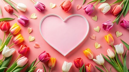 Heart-shaped frame surrounded by colorful tulips on a pink background, perfect for romantic celebrations or expressions of affection.