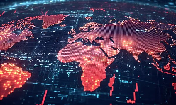Global digital map interface visualizing real-time network monitoring, data traffic, and cyber activity across major geographic regions.