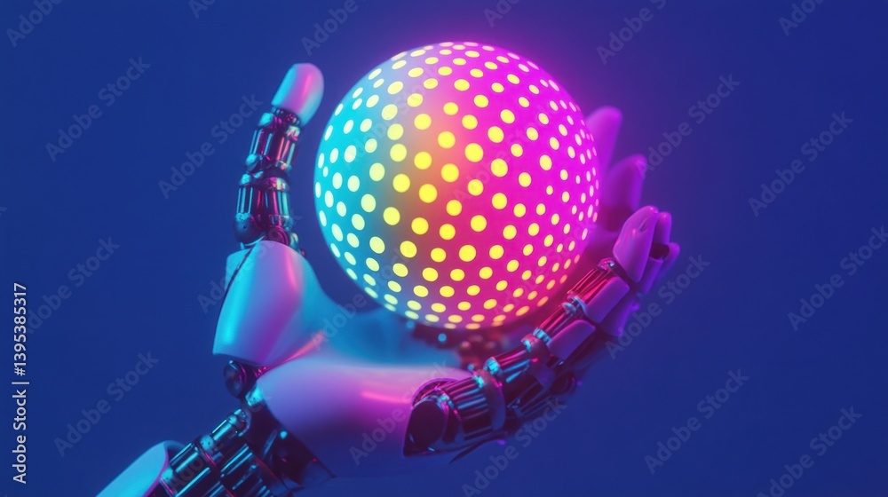 Aufkleber robotic hand gently holding a glowing sphere with vibrant color dots against a deep blue background.