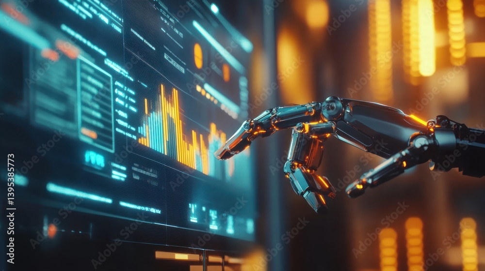 Leinwandbilder Robotic hand interacting with a digital interface displaying graphs and data.