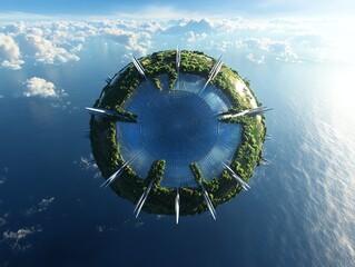 Fototapeta premium Planet with equator made of turbine blades, poles formed from solar arrays