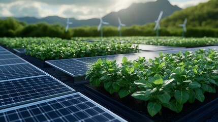 Fototapeta premium Rooftop garden with solar integration and adjacent wind units, green innovation, 3D illustration