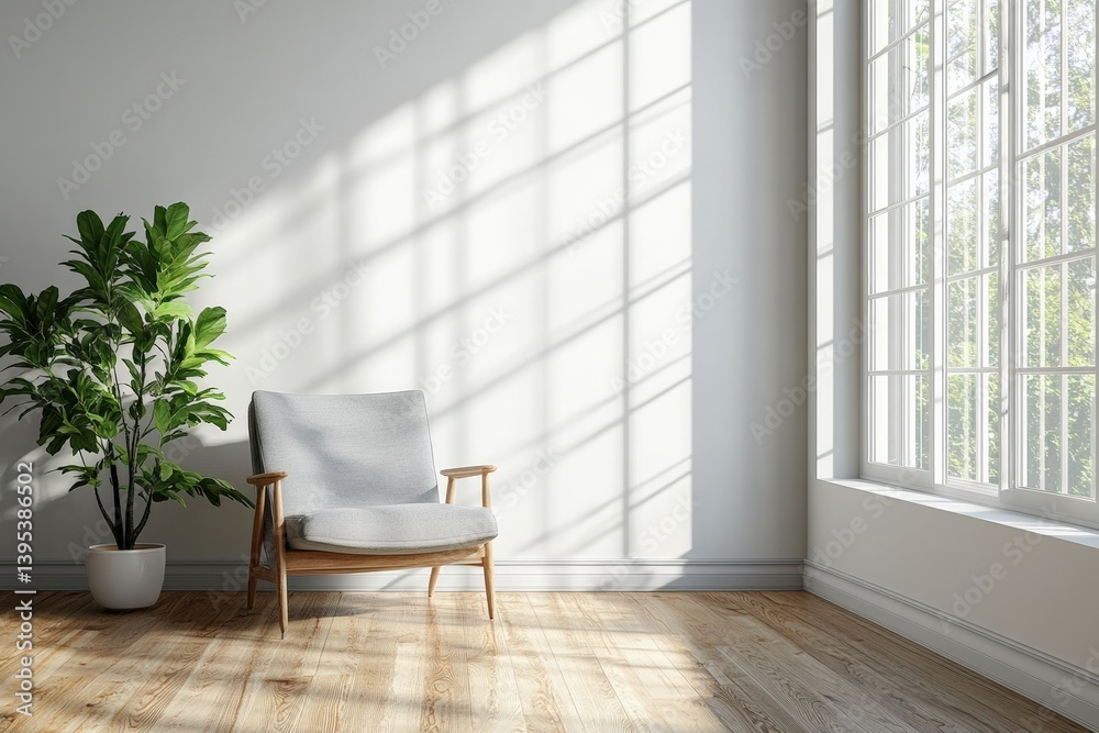 Poster sunlight shining through window illuminating empty room with armchair