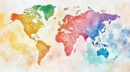 Obraz premium A watercolor-style artistic world map with soft blending colors.