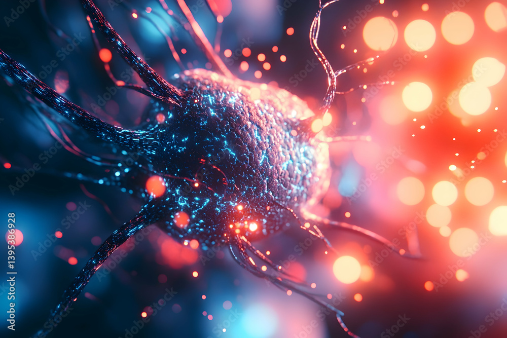 Wall mural 3d render of an abstract close-up illustration showing the connection between neurons in blue and re