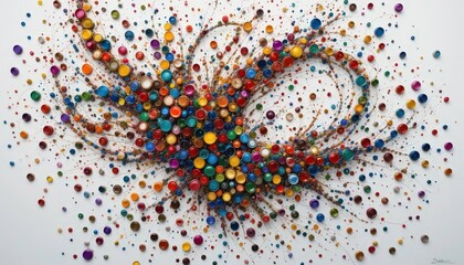  Expressive abstract art created with a swirling mass of bottle caps, emphasizing texture and dynamic movement on a plain white
