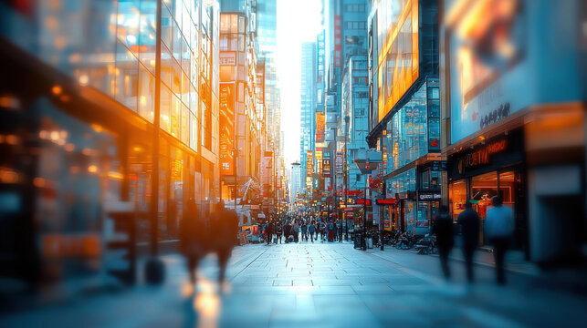 A bustling city street scene at sunset with blurred pedestrians walking past illuminated storefronts and towe buildings showcasing vibrant urban life and modern architecture. - Powered by Adobe