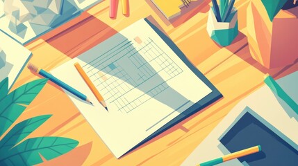 A colorful workspace featuring a desk with a paper chart, pencils, plants, and a laptop