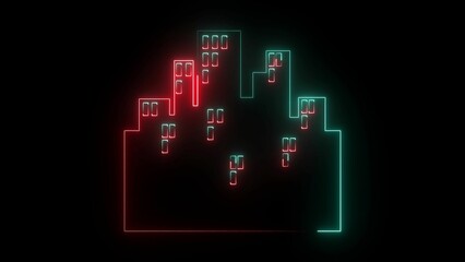 A sleek, glowing neon building icon, featuring sharp lines and a modern silhouette, illuminated in vibrant hues, representing urban architecture, innovation, and dynamic cityscapes.