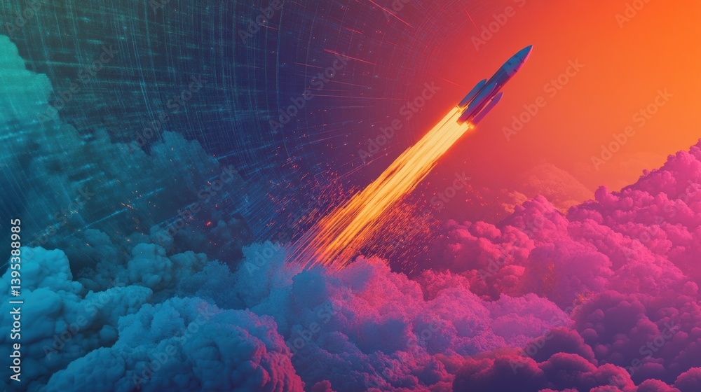 Aufkleber rocket launching through vibrant clouds and digital network.