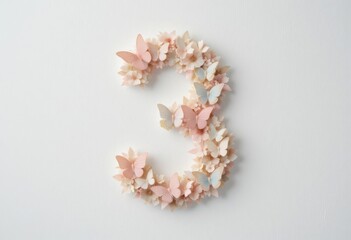  Delicate Butterfly Accents Grace the Numeral 3, Creating a Serene and Joyful Composition Against a Pure White Backdrop,