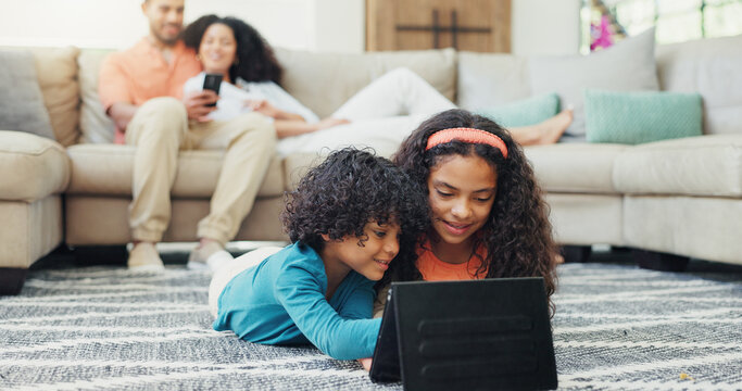 Relax, streaming and tablet with children on floor in living room of home for break or education. App, games or watching video and siblings in apartment for distance learning or study with parents