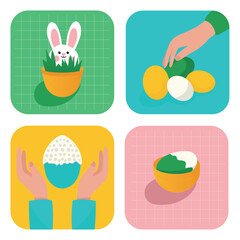 Set of 4 flat illustrations for the Easter holiday. Hand reaches for dyed eggs. Egg painting. Dyeing eggs. Easter bunny in a basket.