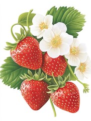 Detailed illustration of four ripe red strawberries with green leaves and white flowers on a white background
