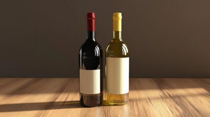 Fototapeta premium Two wine bottles, one red and one white, elegantly displayed on a wooden table, showcasing minimalist design.