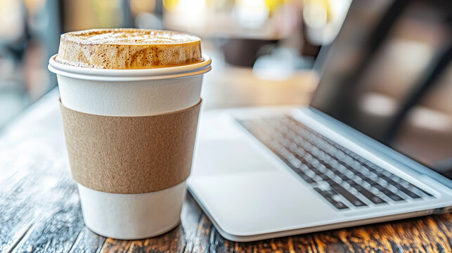 A delicious cappuccino in a disposable cup sits next to a laptop on a rustic wooden table in a cozy coffee shop setting perfect for a relaxing work break.