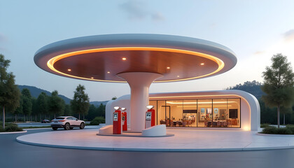 petrol gas station structure evening view