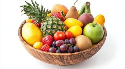 A wooden bowl overflowing with a colorful assortment of tropical fruits and vegetables, placed on a white background.