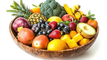 A wooden bowl overflowing with a colorful assortment of tropical fruits and vegetables, placed on a white background.