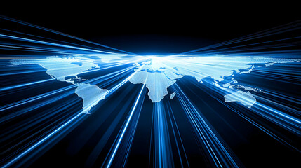 Digital World Map with Blue Light Rays and Data Visualization Effects