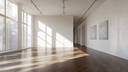 Fototapeta premium Sunlit Modern Art Gallery Interior with Hardwood Floor