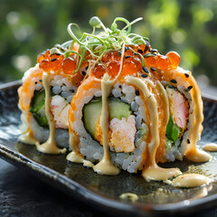 sushi with salmon and wasabi, Close-Up Of Ebi Uramaki Roll On Dark Plate