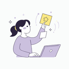 Vector Illustration of a Woman Working on Laptop with Creative Star Note Depicting Remote Work, Design, and Productivity in a Fun Minimalist Style