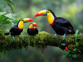 Fototapeta premium Toucans resting on a mossy branch vibrant jungle wildlife photography