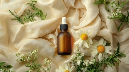 Aesthetic arrangement of a natural skincare bottle, fresh herbs, and soft, flowing fabric.