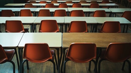 Fototapeta premium Empty Classroom Desks and Chairs