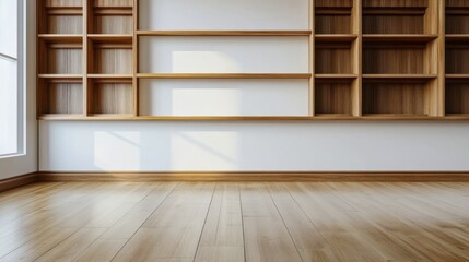 Empty Room with Wooden Bookshelves and Hardwood Floor