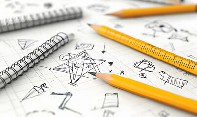 Creative Workspace with Sketches and Drawing Tools on Paper