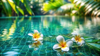 Serene tropical poolside scene with three floating white flowers reflecting on the tranquil turquoise water