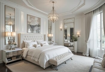  Roaring Twenties Art Deco Bedroom with White bed and Chandelier