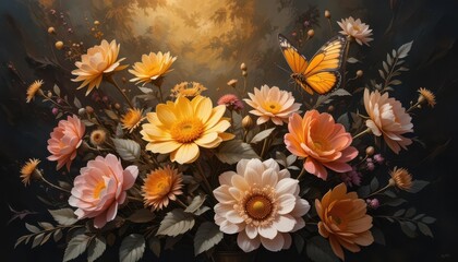  Warm Light on Dark A Lush Bouquet with a Single Delicate Flower and a Fluttering Butterfly.
