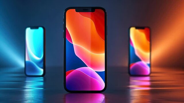 Three iPhones with Vibrant Abstract Wallpapers in Neon Studio Lighting
