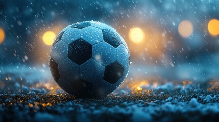 Soccer ball covered in rain and snow at night.