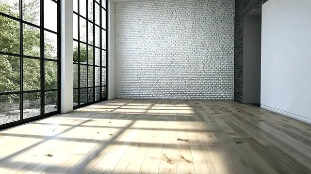 Contemporary open room with clean whitewashed brick walls, lightly distressed wooden plank flooring, and a high ceiling enhancing the spaciousness of the minimalist design
