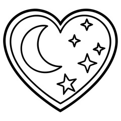 Whimsical Heart Line Art with Moon and Stars