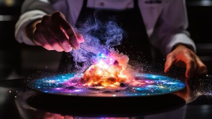 A chef adding molecular gastronomy effect to creative delicious food plating