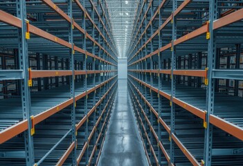 Fototapeta premium Extensive Warehouse Storage Rows Industrial Metal Shelving Units Filled with Goods